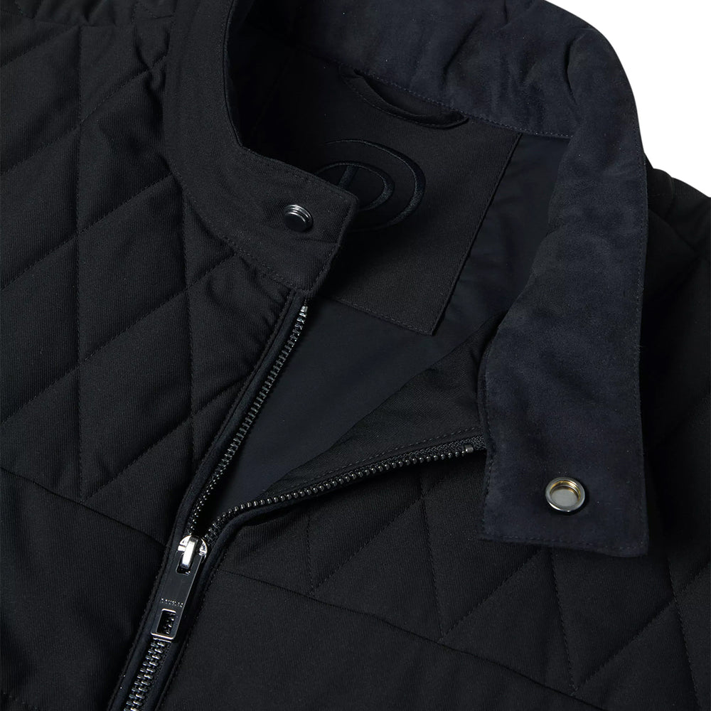 Close-up of a black quilted jacket with zipper and buttons on a white background