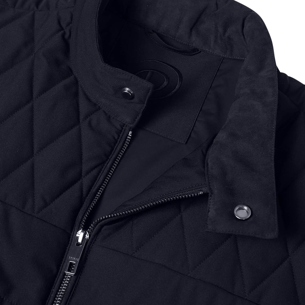 Close-up of a navy quilted jacket with zipper and button details on a white background