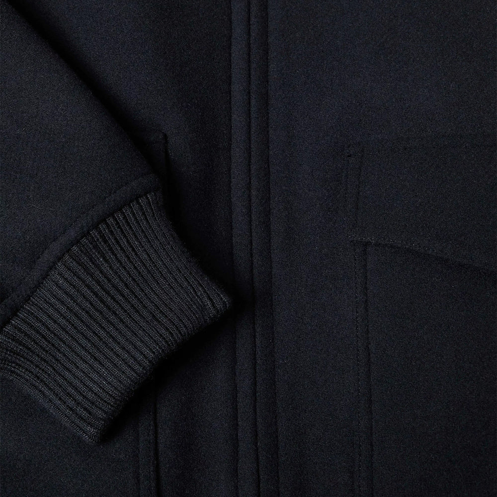 Close-up of a black jacket with a focus on the fabric texture.
