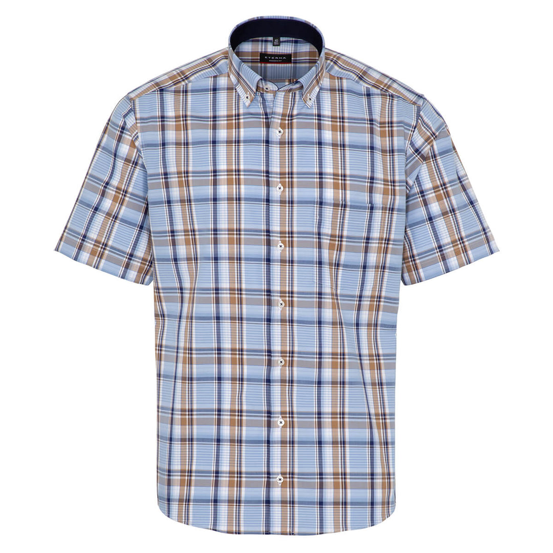Eterna 1SH02050 3339-18C04U Blue Short Sleeve Check Shirt - Baks Mensawear