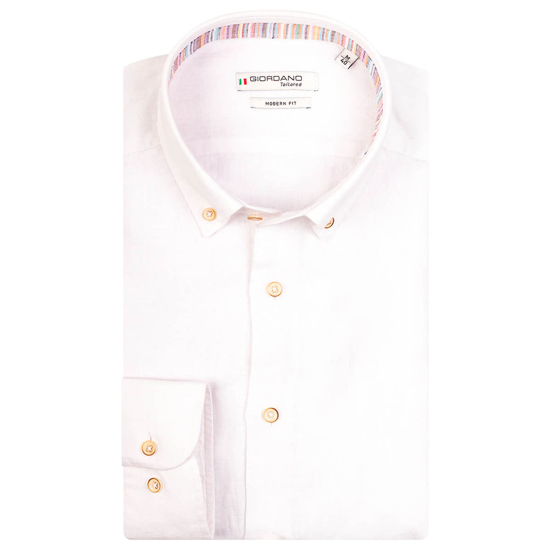 Giordano 107866 White Linen Long Sleeve Shirt - Baks Menswear