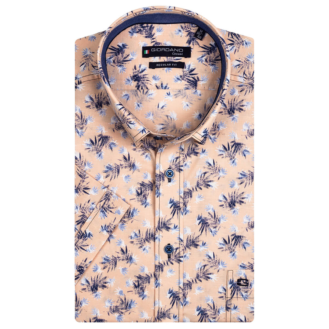 Giordano 116036-31 Peach Leaf Print Short Sleeve Shirt - Baks Menswear