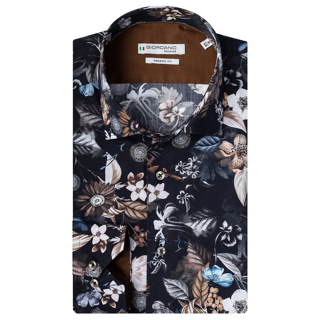 Giordano 207822-90 Black Cream Beige Print Long Sleeve Shirt - Baks Menswear Bournemouth