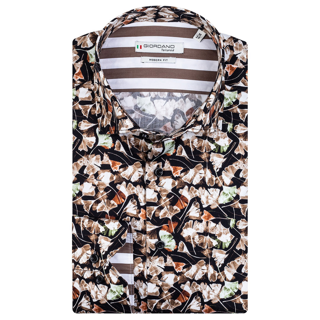Giordano 207823-90 Brown Leaf Print Long Sleeve Shirt - Baks Menswear Bournemouth