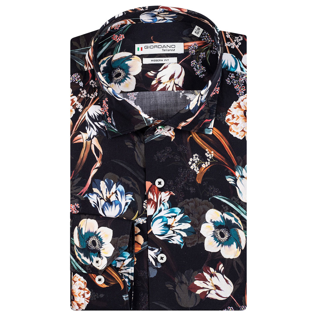 Giordano 227824-90 Black Multi Flowered Long Sleeved Shirt - Baks Menswear Bournemouth