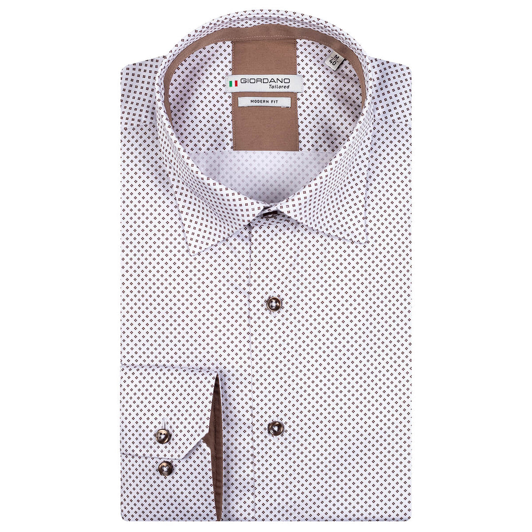 Giordano 227858 80 Cream Brown Diamond Print Long Sleeve Shirt - Baks Menswear