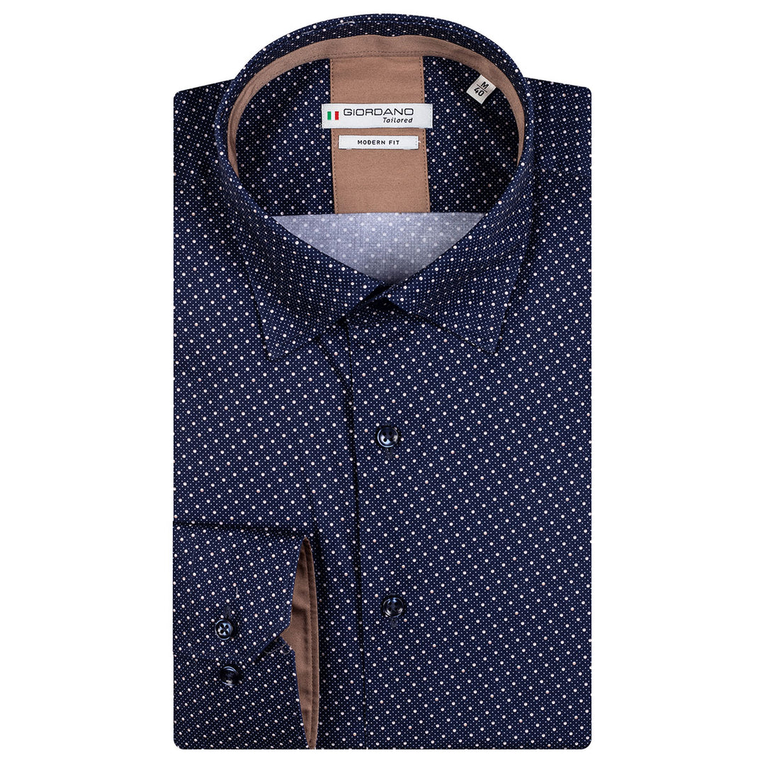 Giordano 227868-60 Blue Cream Spot Long Sleeve Shirt - Baks Menswear Bournemouth