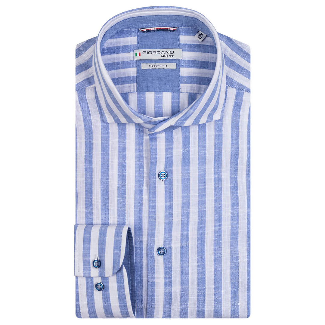 Giordano 317814 61 Row Blue Striped Long Sleeve Cutaway Mens Shirt - Baks Menswear