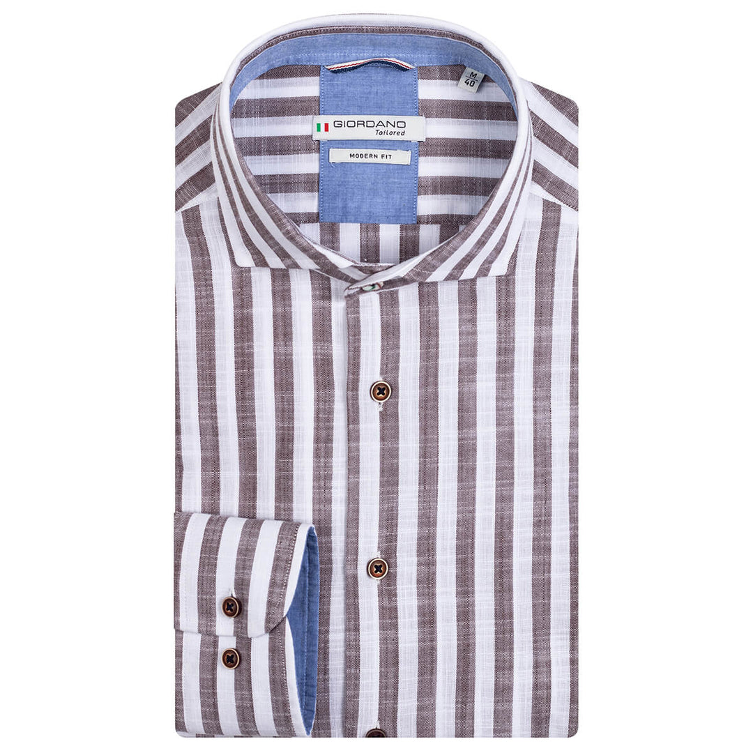 Giordano 317814 80 Row Brown Striped Long Sleeve Cutaway Mens Shirt - Baks Menswear