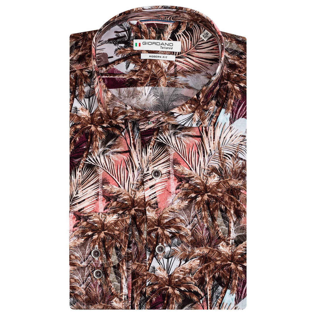 Giordano 317816 Row Brown Leaf Print Long Sleeve Cutaway Mens Shirt - Baks Menswear Bournemouth