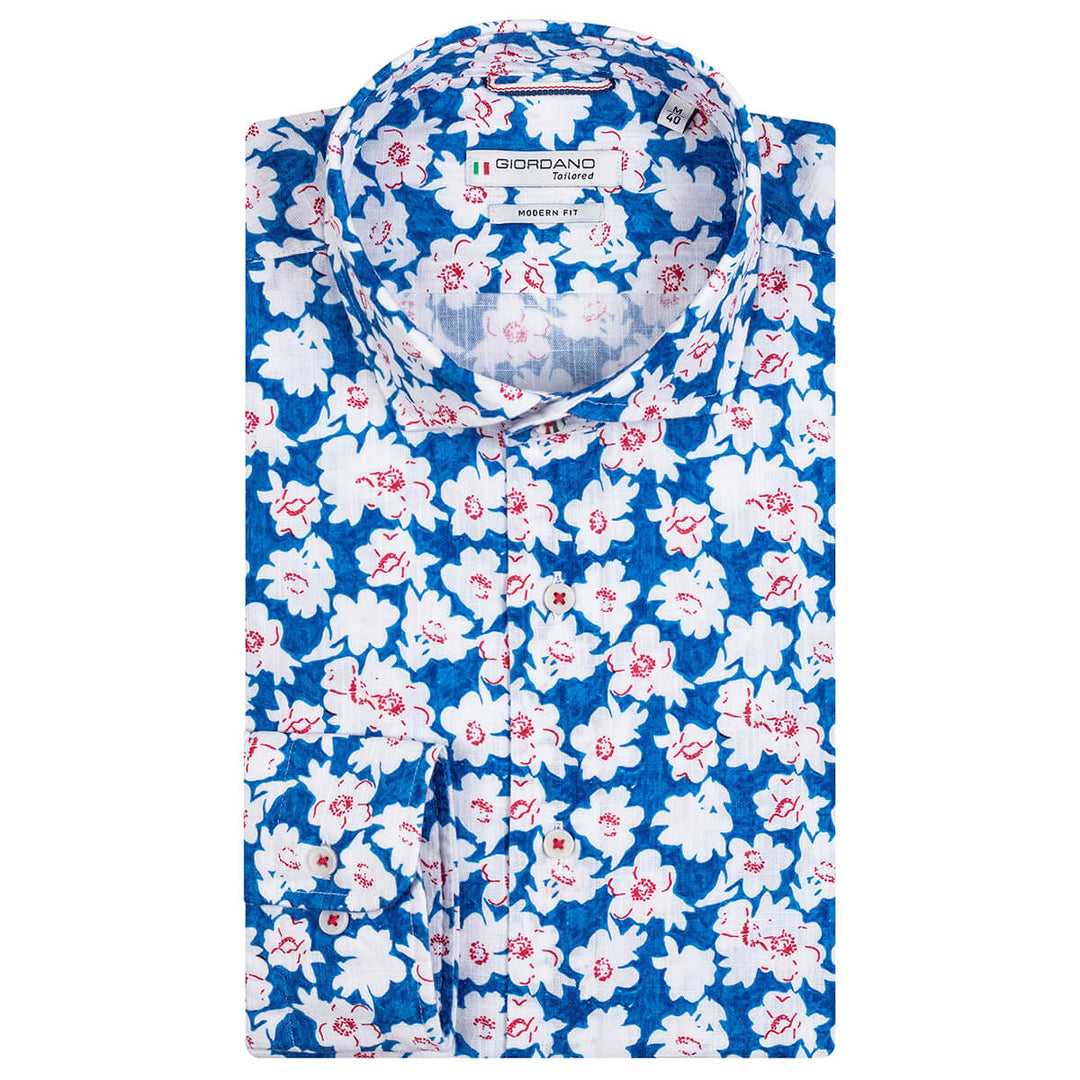 Giordano 317825 64 Row Blue Floral Long Sleeve Cotton Shirt - Baks Menswear