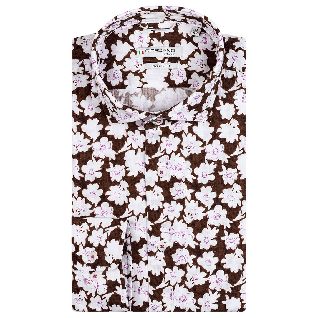 Giordano 317825 80 Row Brown Flower Print Long Sleeve Mens Shirt - Baks Menswear