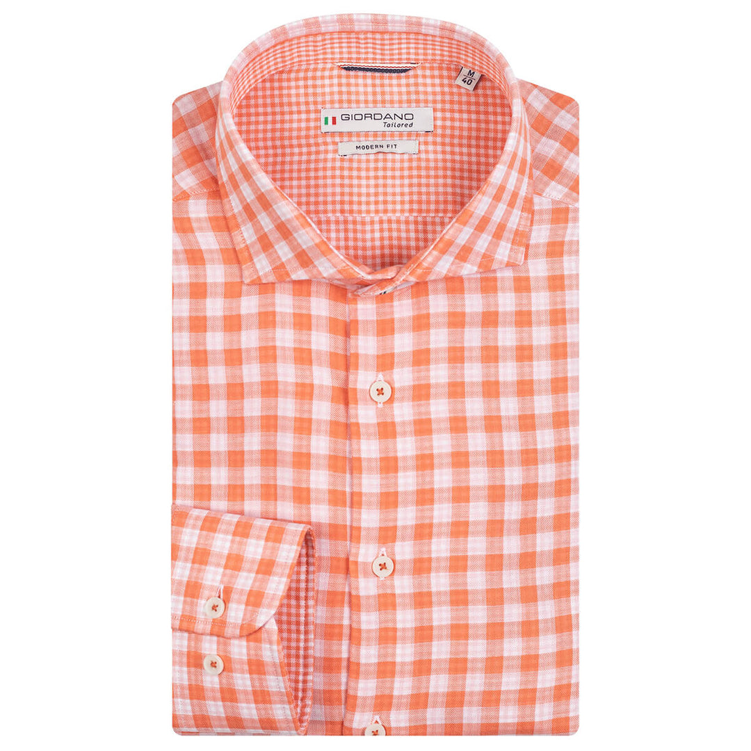 Giordano 317842 31 Orange Row Long Sleeve Cutaway Mens Check Shirt - Baks Menswear