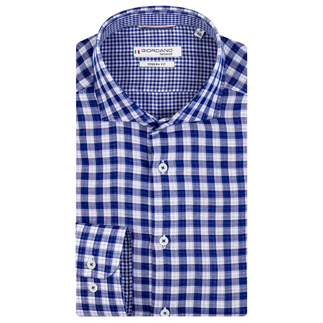Giordano 317842 60 Royal Blue Row Long Sleeve Cutaway Mens Check Shirt - Baks Menswear