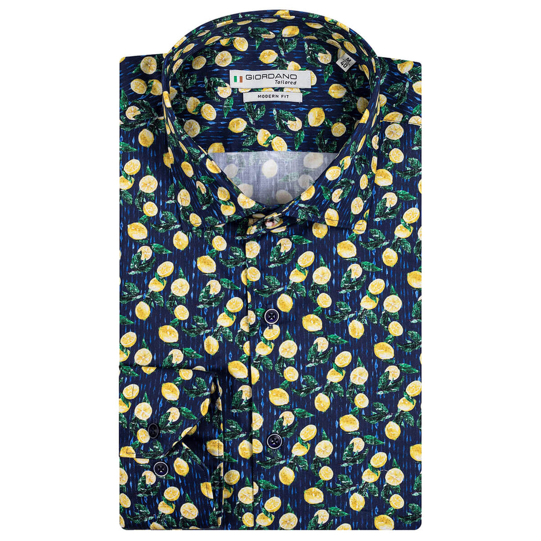 Giordano 317855 60 Maggiore Blue Lemon Print Long Sleeve Shirt - Baks Menswear