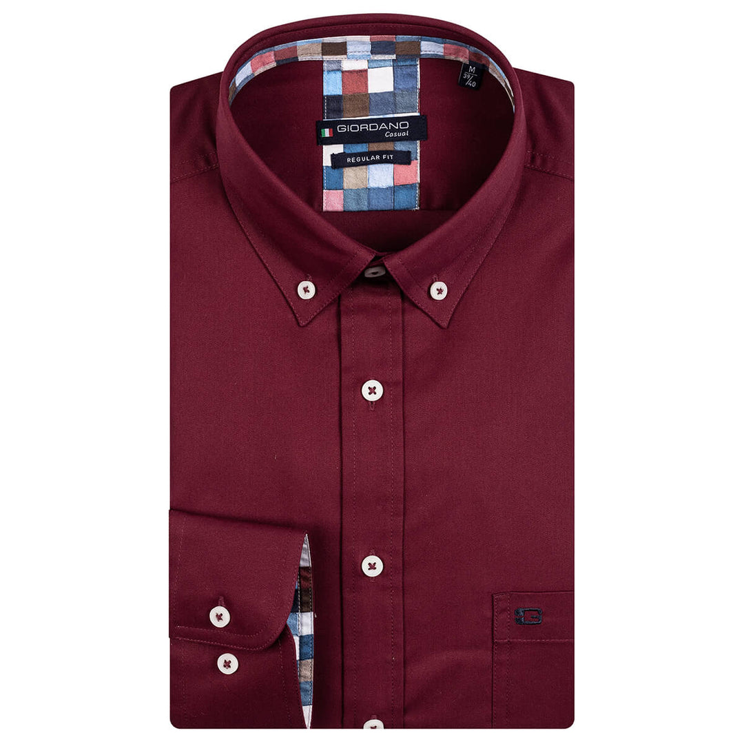 Giordano 327004 32 Dark Red Button Down Fine Twill Long Sleeve Shirt - Baks Menswear Bournemouth