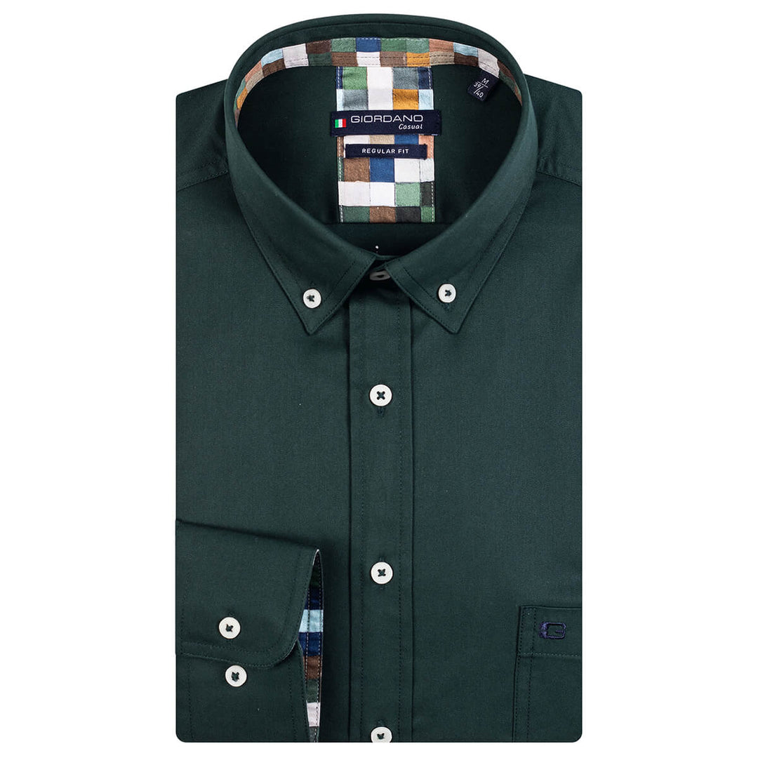 Giordano 327004 70 Dark Green Button Down Fine Twill Long Sleeve Shirt - Baks Menswear Bournemouth