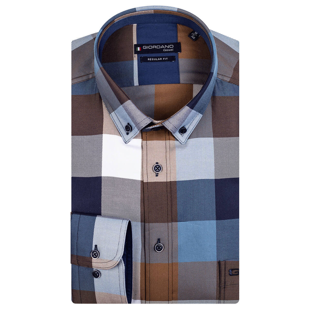 Giordano 327302 65 Ivy Ocean Blue Twill Check Long Sleeve Shirt - Baks Menswear Bournemouth