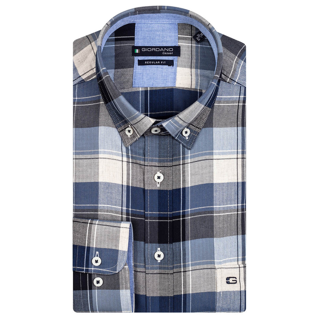 Giordano 327307 60 Ivy Navy Herringbone Check Long Sleeve Shirt - Baks Menswear