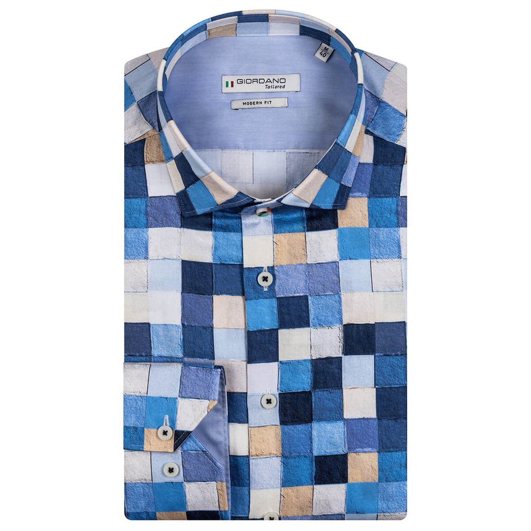 Giordano 327809 60 Maggiore Navy Blue Squares Print Long Sleeve Shirt - Baks Menswear Bournemouth