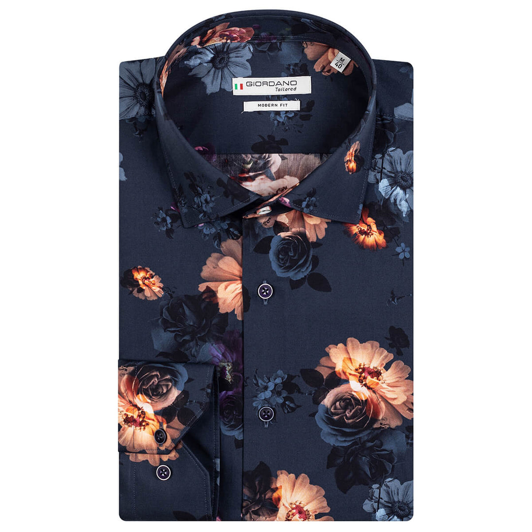 Giordano 327814 60 Maggiore Navy Big Flower Print Long Sleeve Shirt - Baks Menswear Bournemouth