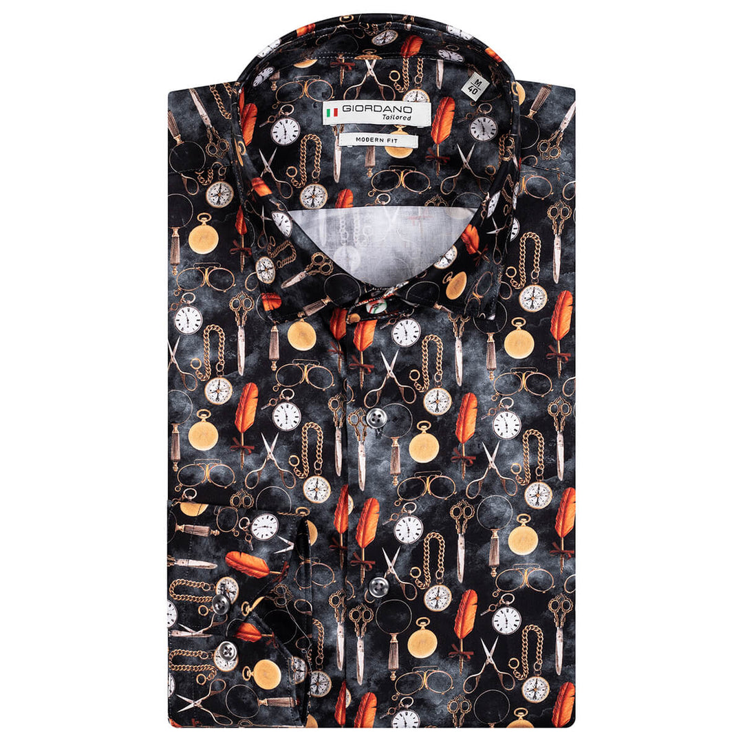 Giordano 327851 90 Maggiore Black Pocket Watch Print Long Sleeve Shirt - Baks Menswear Bournemouth