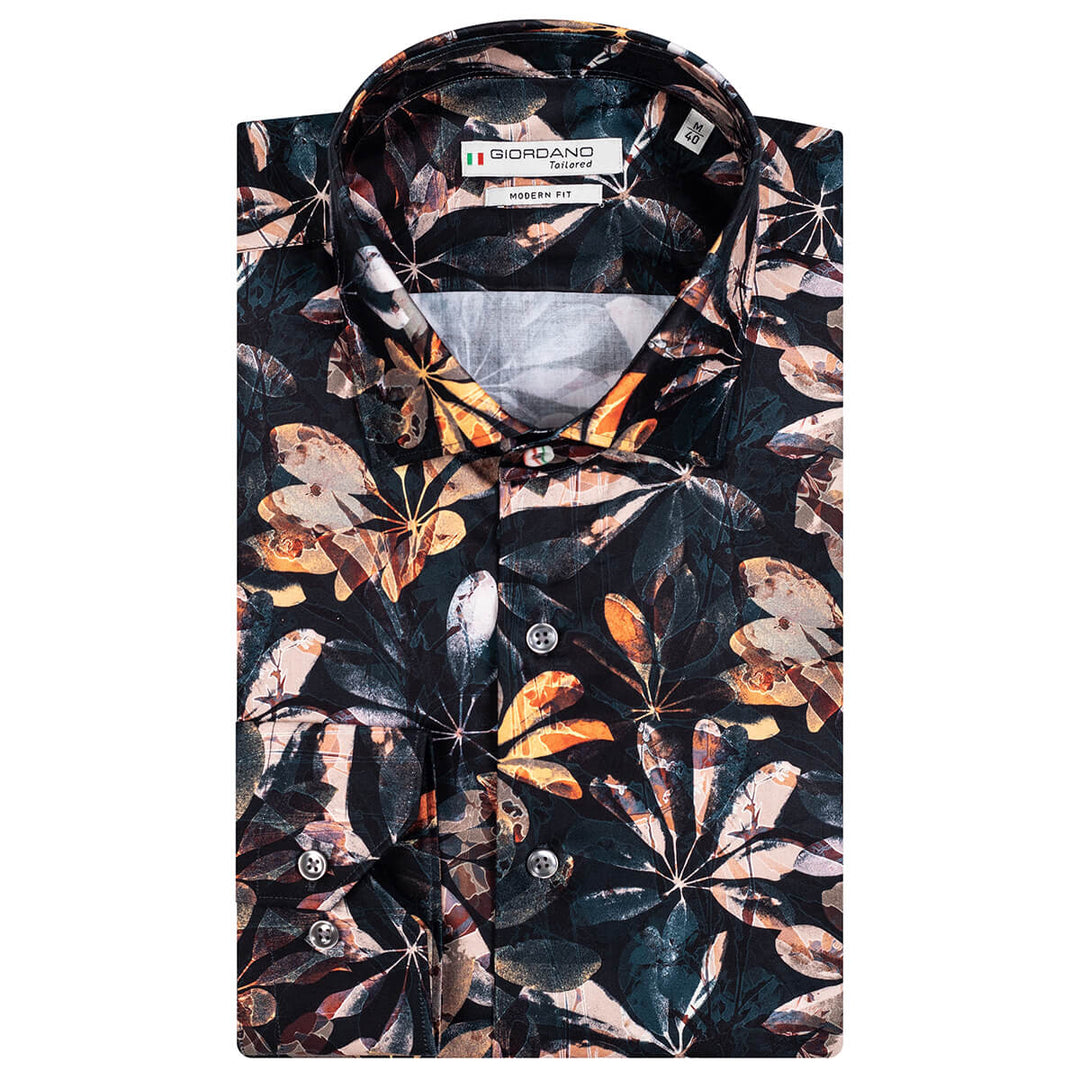 Giordano 327851 92 Maggiore Mid Grey Leaf Print Long Sleeve Shirt - Baks Menswear Bournemouth