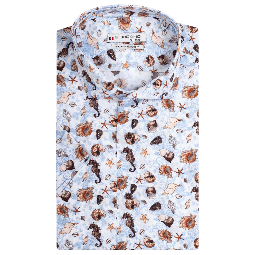 Giordano 416821 10 White Sealife Print Short Sleeve Shirt - Baks Menswear Bournemouth