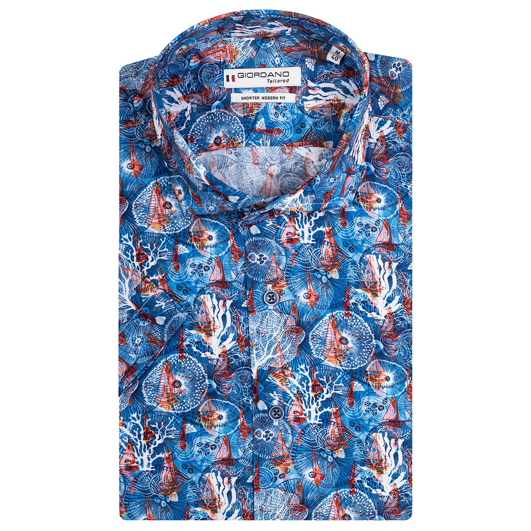 Giordano 416821 64 Turquoise Blue Sealife Print Short Sleeve Shirt - Baks Menswear Bournemouth