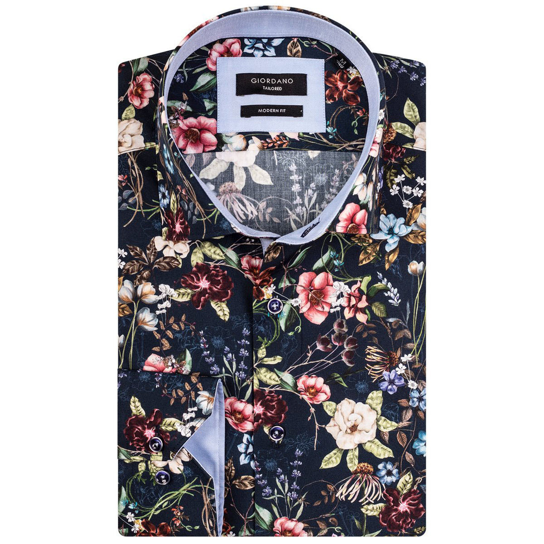 Giordano 927895-60 Navy Multi Flower Print Long Sleeved Shirt - Baks Menswear Bournemouth