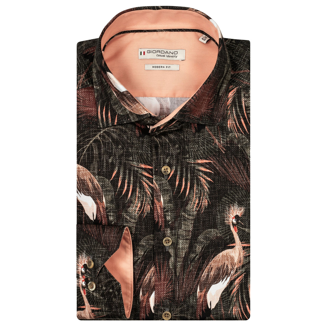 Giordano Mens Shirt Black Bird Print Long Sleeve 427851 - Baks Menswear Bournemouth