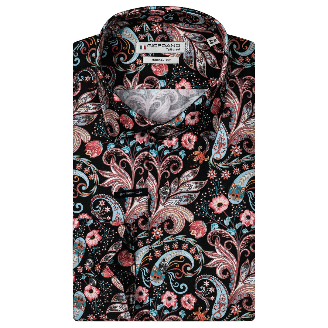 Giordano Mens Shirt Black Paisley Flower Print Long Sleeve 427849 - Baks Menswear Bournemouth