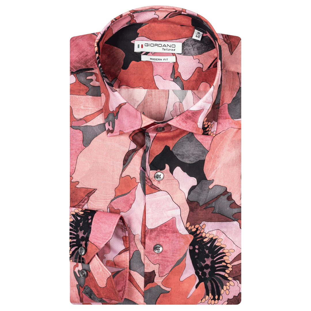 Giordano Mens Shirt Red Abstract Floral Print Long Sleeve 427813 - Baks Menswear Bournemouth