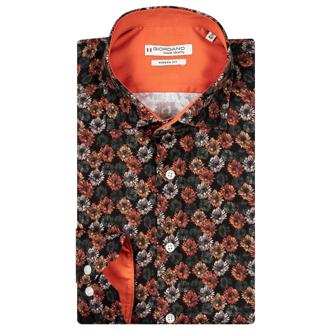 Giordano Shirt Black Orange Floral Print Long Sleeve Cotton 427854 - Baks Menswear Bournemouth