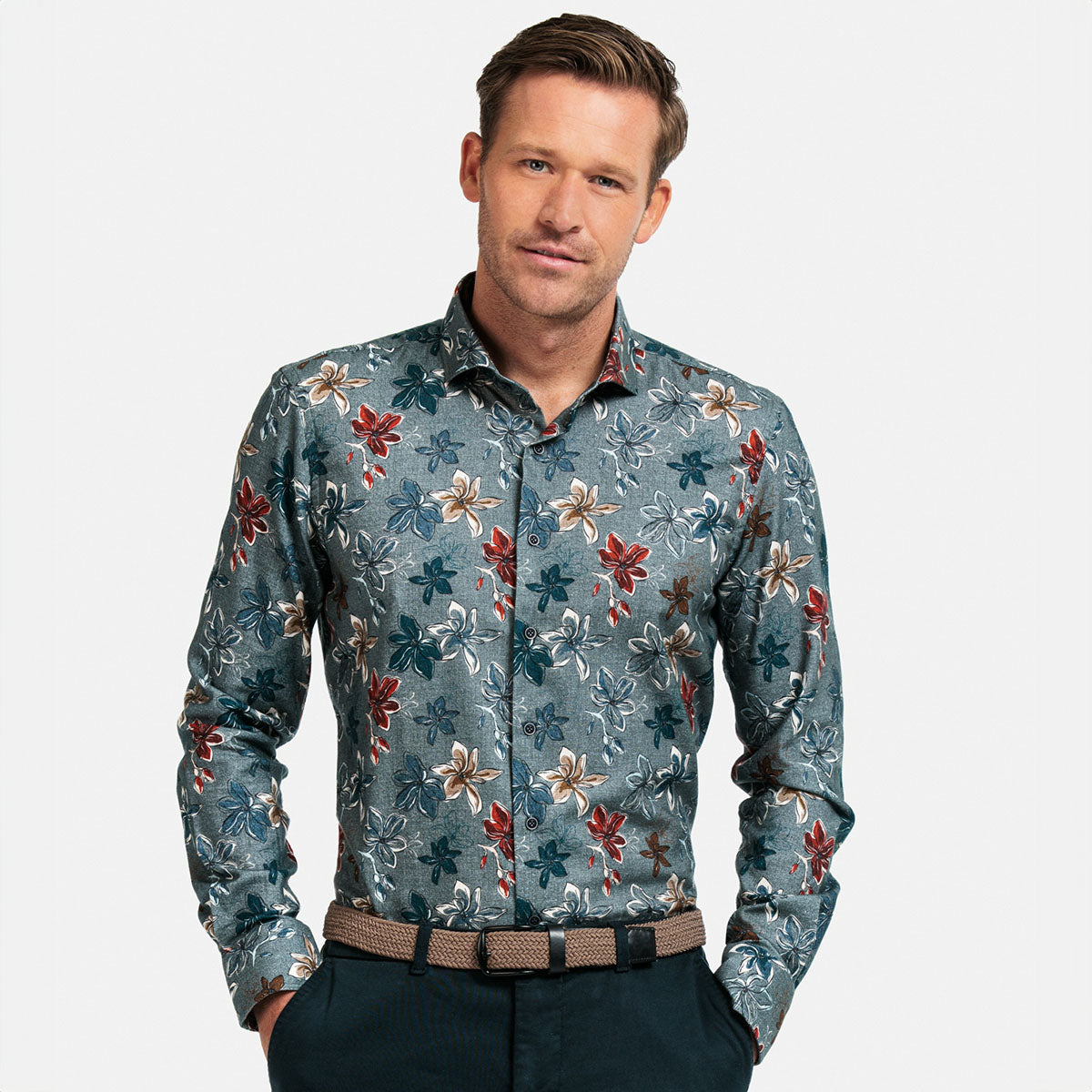 Giordano Shirt Grey Floral Print Long Sleeve 427820 - Baks Menswear Bournemouth