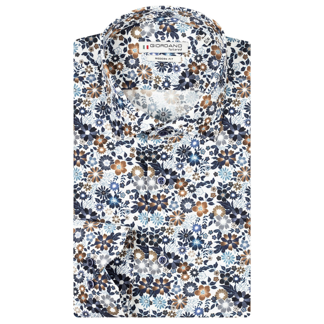 Giordano Shirt Navy Floral Print Long Sleeve Cotton 427816 - Baks Menswear Bournemouth