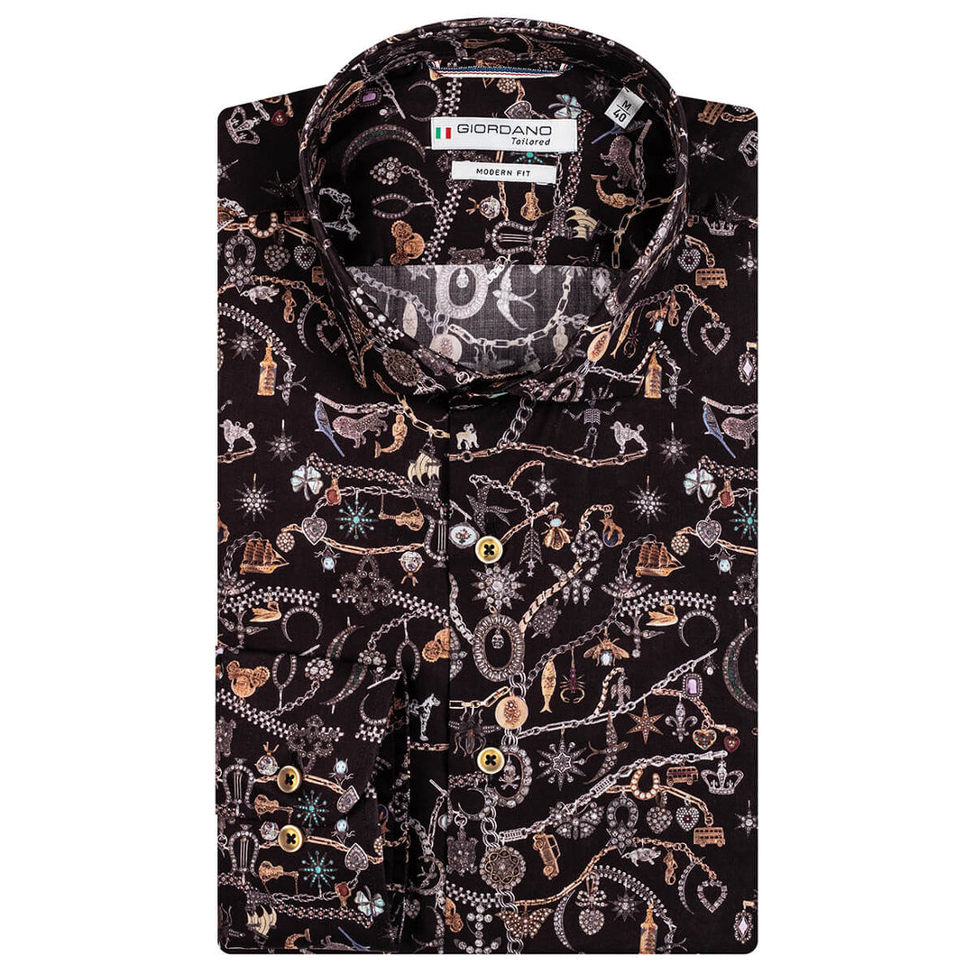 Girodano 227828 90 Brown Chain Print Long Sleeve Shirt - Baks Menswear