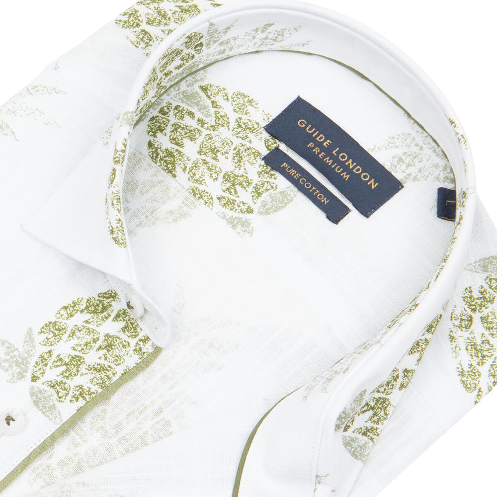 Guide London HS2709 White Pineapple Print Mens Short Sleeve Cotton Shirt - Baks Menswear