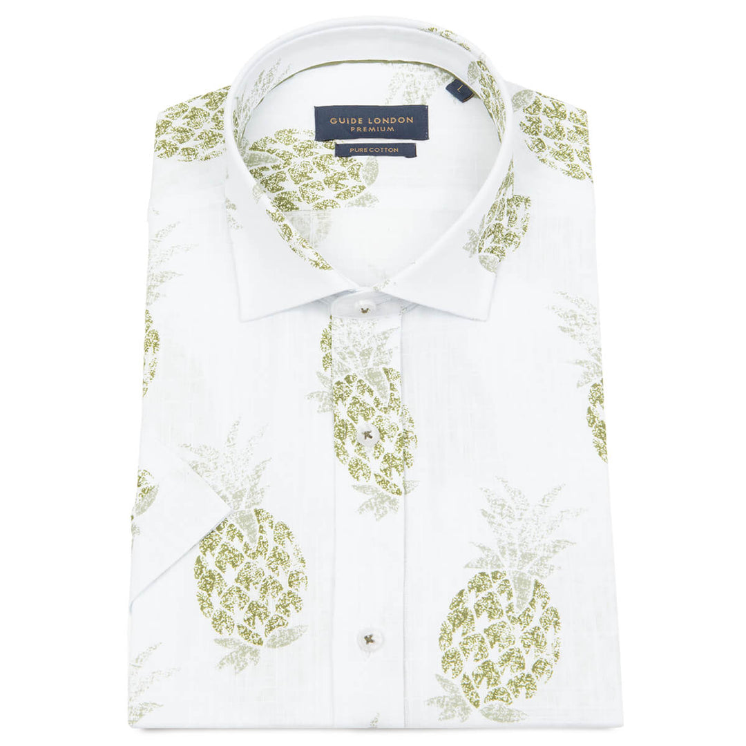 Guide London HS2709 White Pineapple Print Mens Short Sleeve Cotton Shirt - Baks Menswear