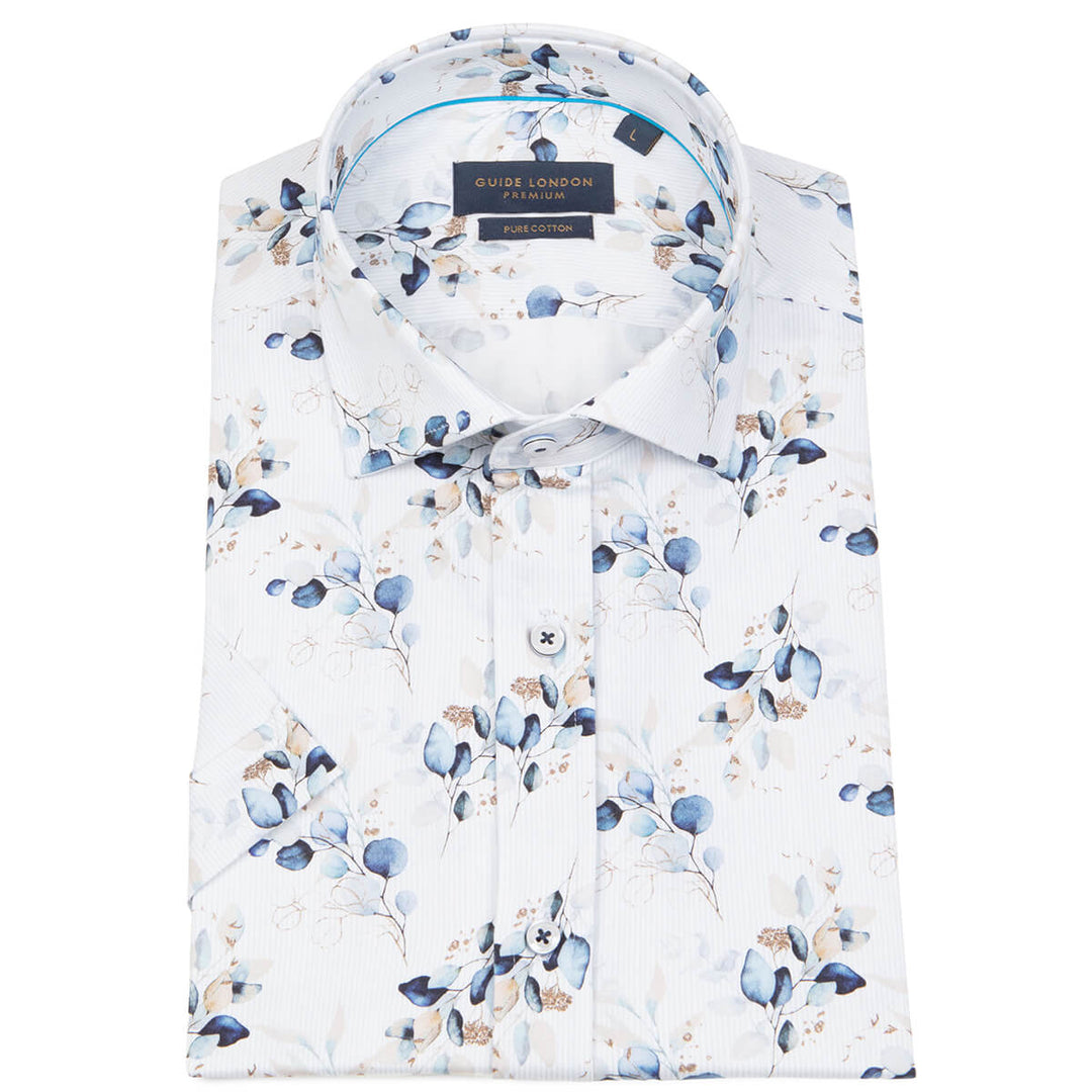 Guide London HS2715 White Blue Mens Short Sleeve Cotton Sateen Shirt - Baks Menswear Bournemouth