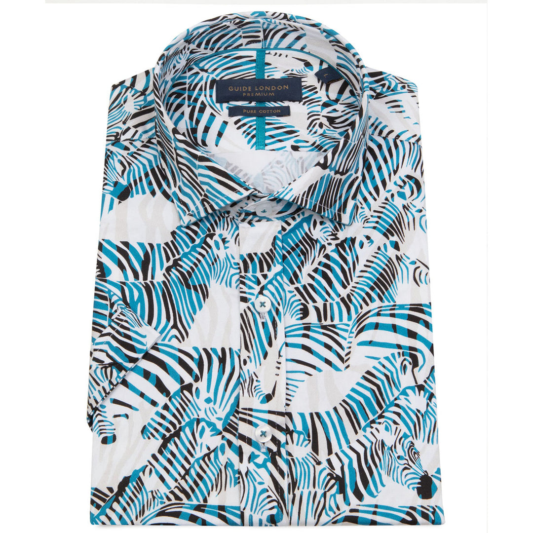 Guide London HS2757 Blue Zebra Print Cotton Short Sleeve Shirt - Baks Menswear Bournemouth