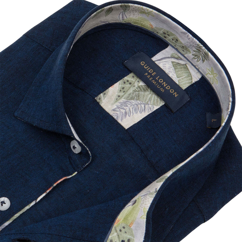 Guide London HS2768 Navy Linen Cotton Mix Short Sleeve Shirt - Baks Menswear Bournemouth