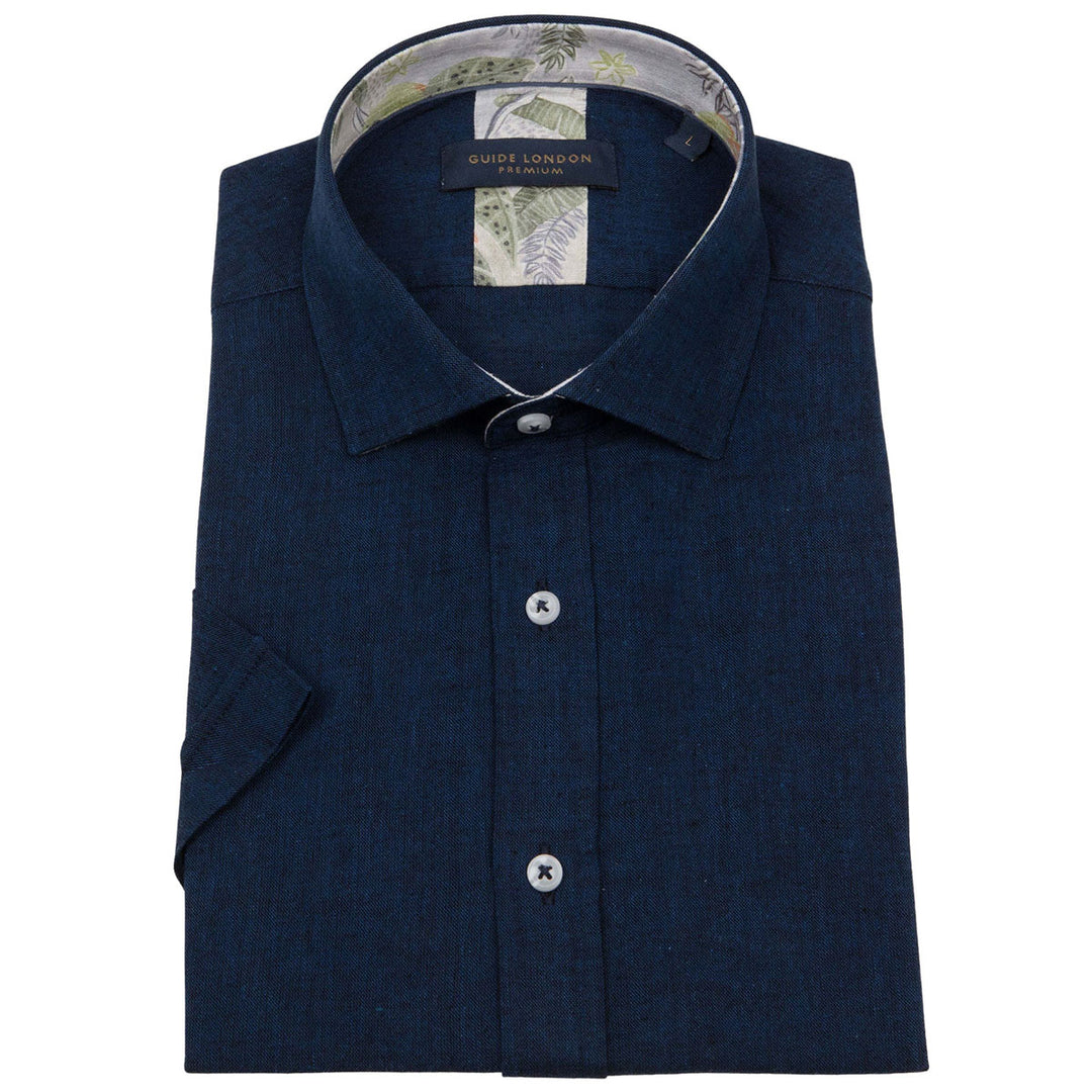Guide London HS2768 Navy Linen Cotton Mix Short Sleeve Shirt - Baks Menswear Bournemouth