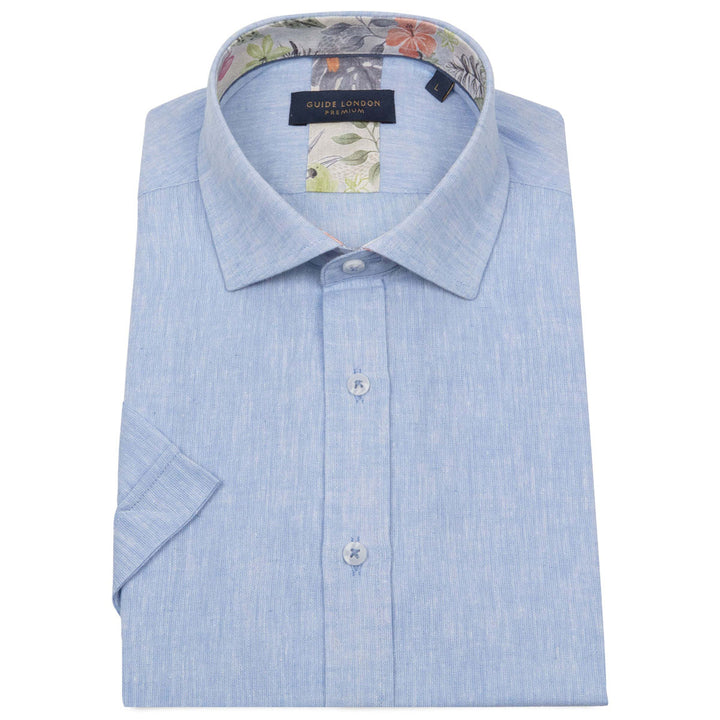 Guide London HS2768 Sky Blue Linen Cotton Mix Short Sleeve Shirt - Baks Menswear Bournemouth