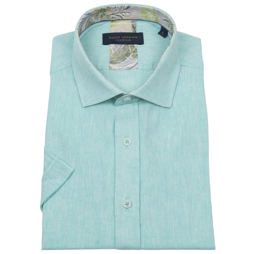 Guide London HS2768 Turquoise Blue Linen Cotton Mix Short Sleeve Shirt - Baks Menswear Bournemouth