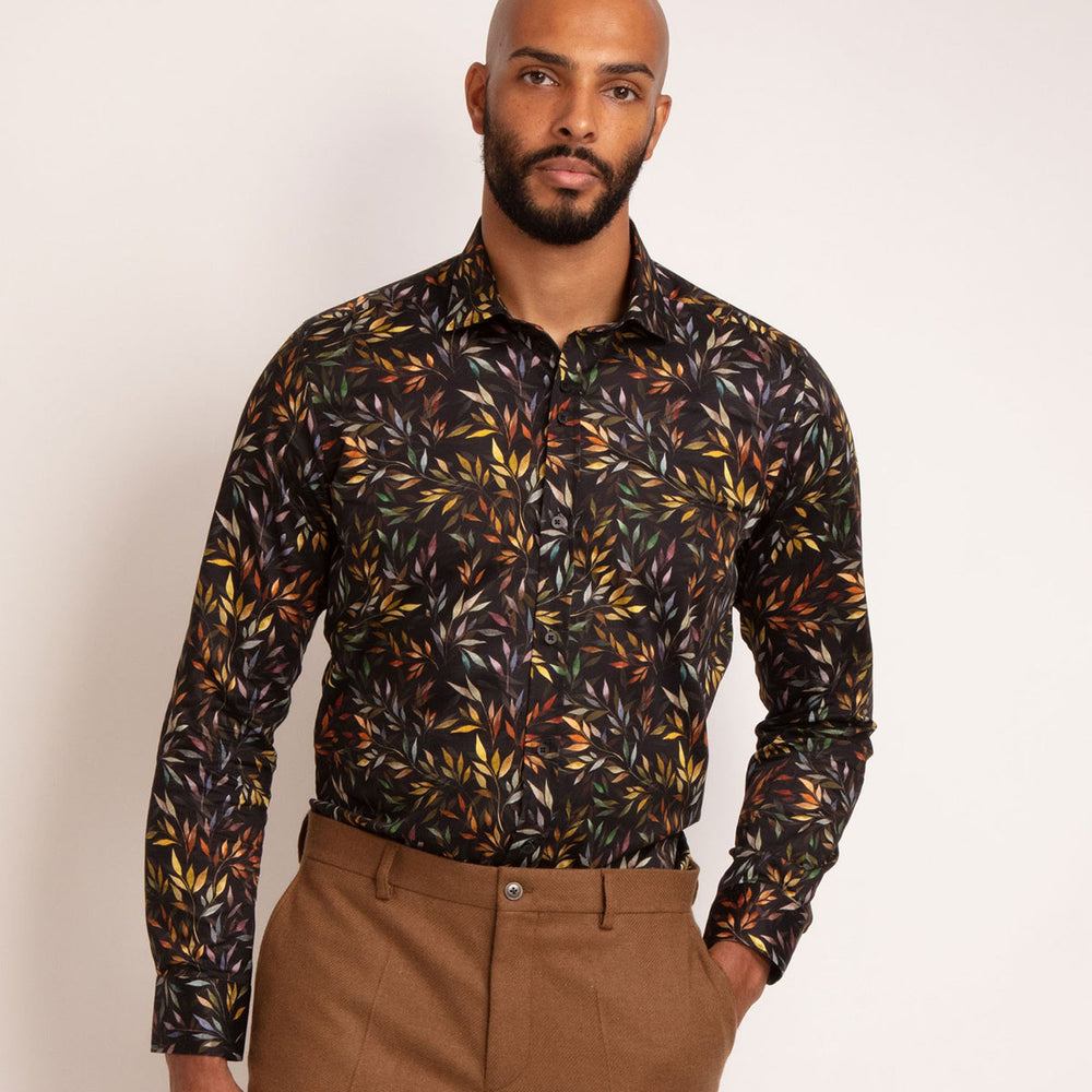 Guide London LS 76371 Black Multicolour Leaf Print Long Sleeved Shirt - Baks Menswear Bournemouth