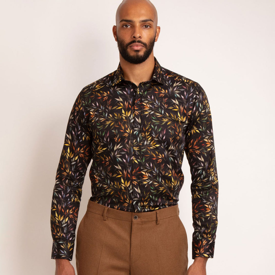 Guide London LS 76371 Black Multicolour Leaf Print Long Sleeved Shirt - Baks Menswear Bournemouth