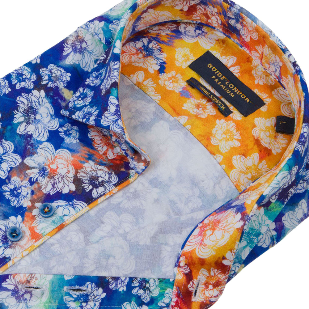 Guide London LS76125 Blue Tie-Dye Florals Long Sleeve Shirt- Baks Menswear Bournemouth