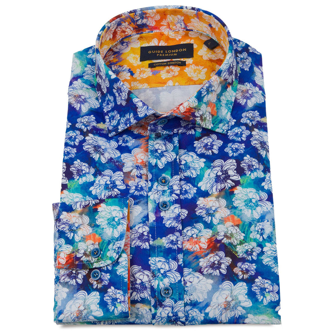 Guide London LS76125 Blue Tie-Dye Florals Long Sleeve Shirt- Baks Menswear Bournemouth