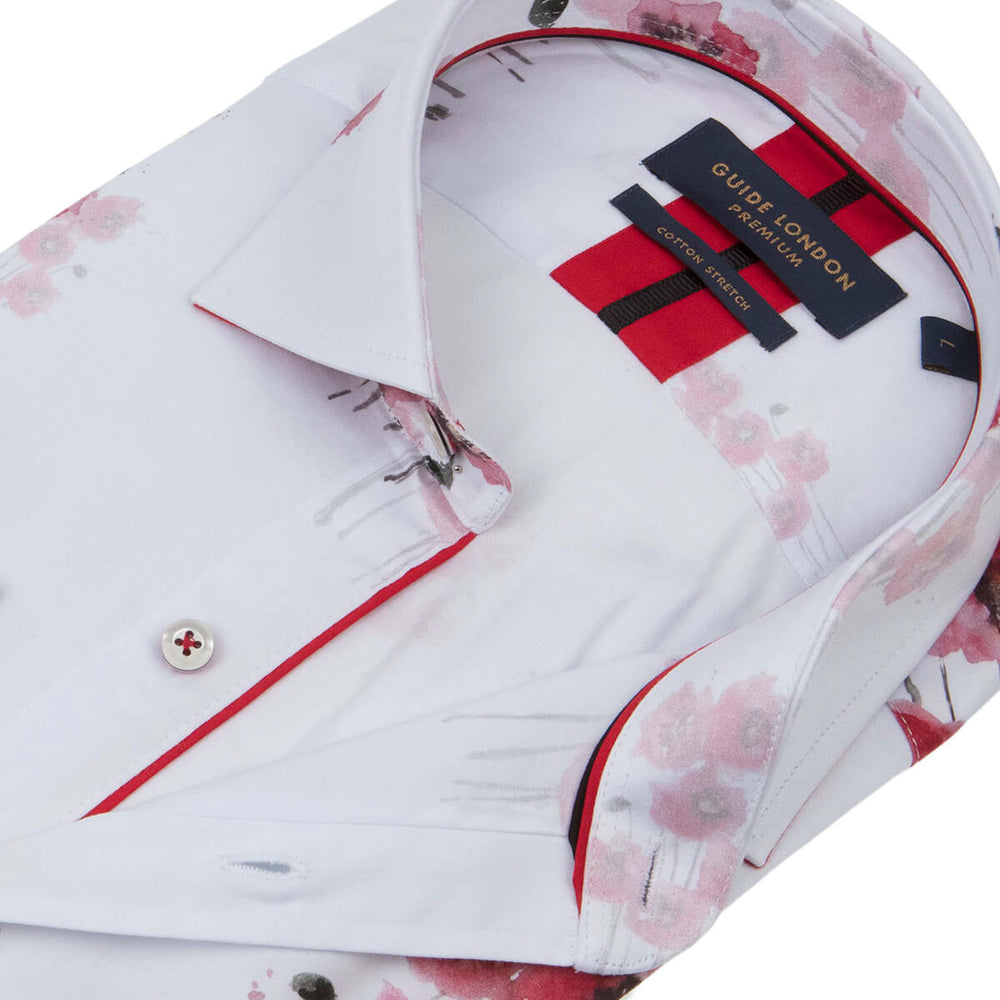 Guide London LS76162 White Poppy Print Long Sleeve Shirt - Baks Menswear